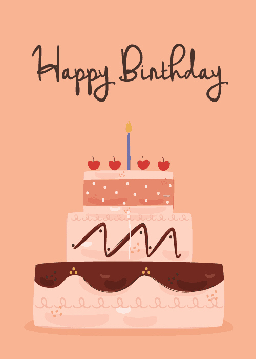 Animated birthday card with bold typographic text and a cheerful illustrated birthday cake with lit candles on a bright celebratory background