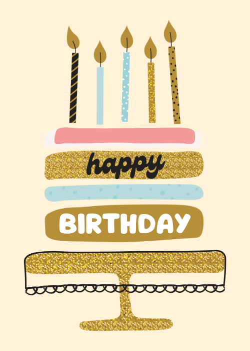Birthday card with illustrated layered birthday cake tall glowing candles and gold celebratory accents on a warm background