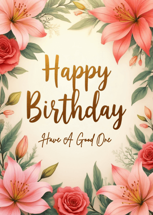 Group birthday card with a lush floral wreath of pink lilies and roses surrounding golden Happy Birthday lettering