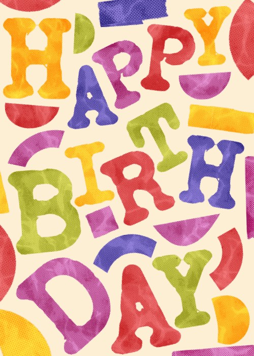 Retro-styled birthday card with colorful fruit illustrations in bold vibrant colors