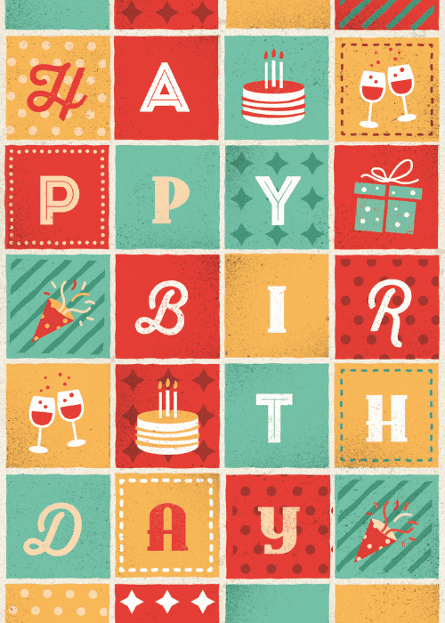 Retro multicolored tile grid spelling HAPPY BIRTHDAY with vintage birthday icons including cake champagne glasses and gift boxes in red teal and gold