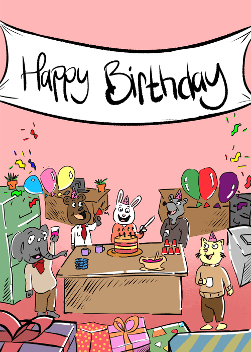 Cartoon animal characters including a bear, rabbit, elephant, wolf and cat celebrating at an office party with a Happy Birthday banner, balloons, cake and gifts on a pink background