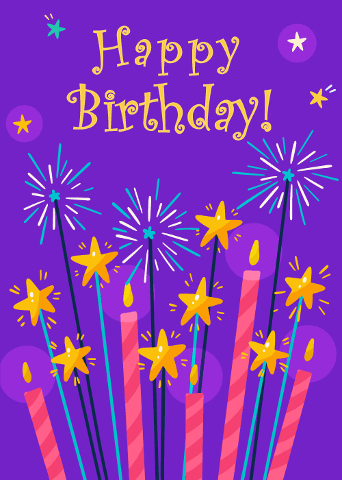 Illustrated pink and coral birthday candles with yellow flames rising alongside teal sparkler bursts and golden star shapes on sticks against a vibrant purple background with scattered green and yellow stars, yellow and teal script reading Happy Birthday