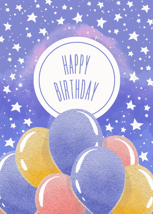 Happy birthday card with hand-painted watercolor balloons in multiple soft colors floating on a dreamy background with joyful Happy Birthday text