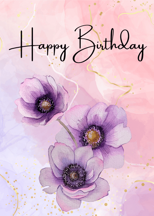 Elegant birthday card with three watercolor purple anemone flowers on a pink lavender wash background with gold foil line accents and gold dot splatter, Happy Birthday in black script at top