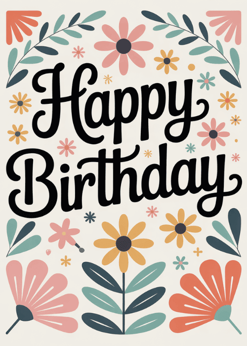 Bold Happy Birthday script in black surrounded by colorful folk-art flat flowers in pink, orange, teal, and yellow on a cream background