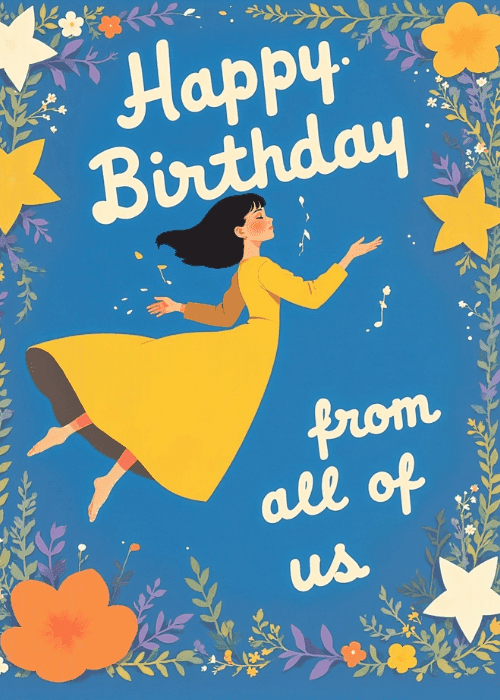 Illustrated feminine birthday greeting card in warm cheerful tones designed for her with celebratory floral and birthday motifs