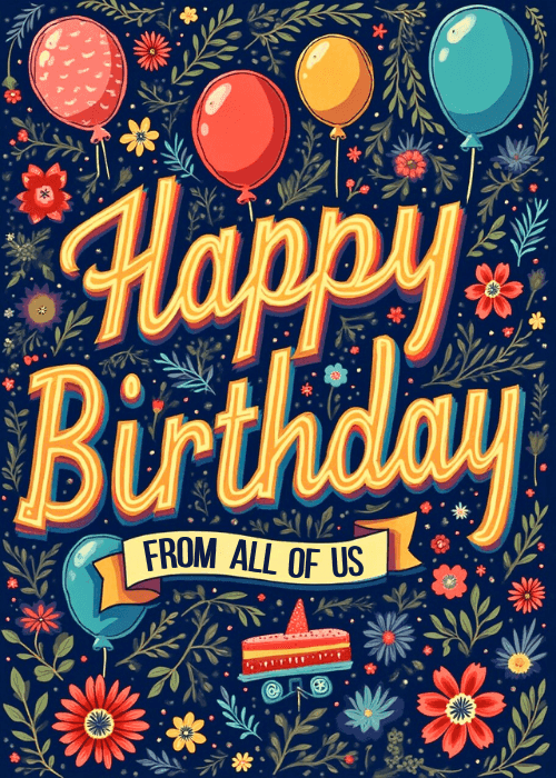 Bold Happy Birthday group card in retro golden script with colorful balloons, folk art flowers, and a birthday cake on a dark navy background; banner reads From All of Us