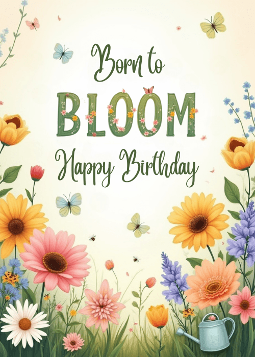 Cream background birthday card with an illustrated wildflower garden at the bottom featuring sunflowers, daisies, lavender, and pink blooms, with butterflies above and mixed-style text "Born to BLOOM Happy Birthday" at the top center
