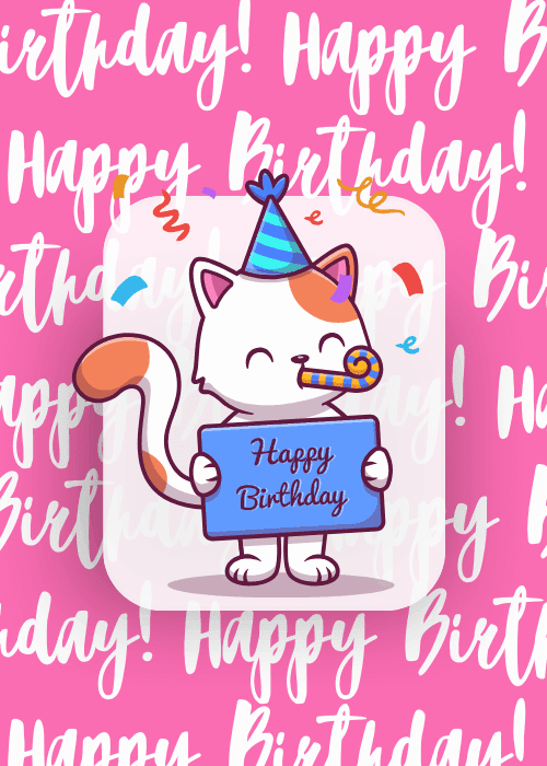 Cute illustrated cat wearing a party hat on a bright and colorful birthday card