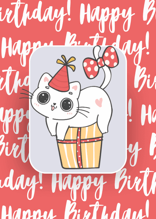 Cute white cartoon cat wearing a red party hat sitting in a yellow gift box on a red Happy Birthday script background