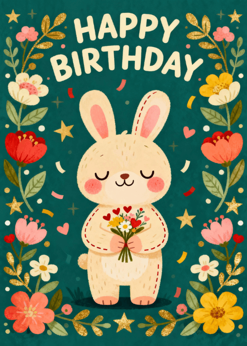 Cute illustrated bunny holding a flower bouquet surrounded by colorful folk-art flowers and leaves with Happy Birthday text on a dark green background