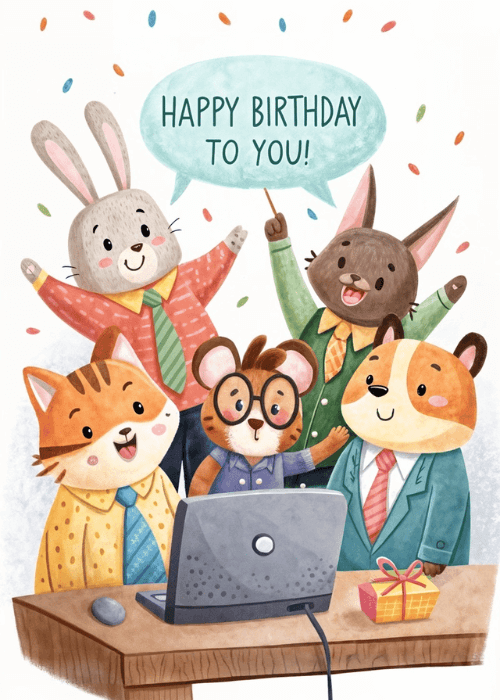 Watercolor illustration of five cute animals in office attire including a cat, rabbits, mouse, and fox gathered around a laptop with a Happy Birthday To You speech bubble and confetti