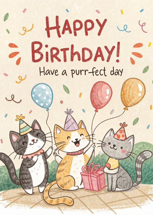 Cute cartoon cats wearing party hats celebrating with balloons and a gift box with Happy Birthday Have a purr-fect day text on a cream background