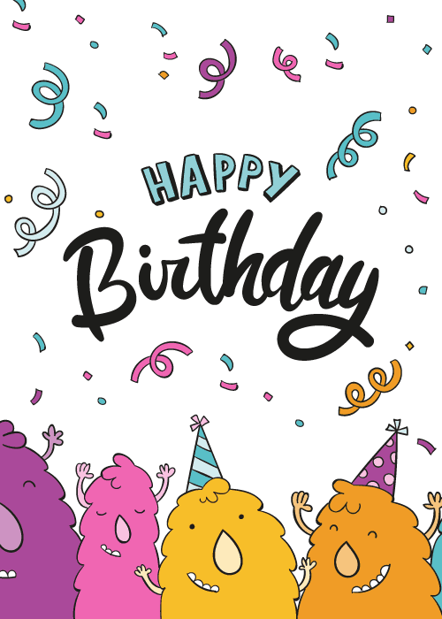 Cute funny cartoon monster characters celebrating happy birthday in colorful playful design