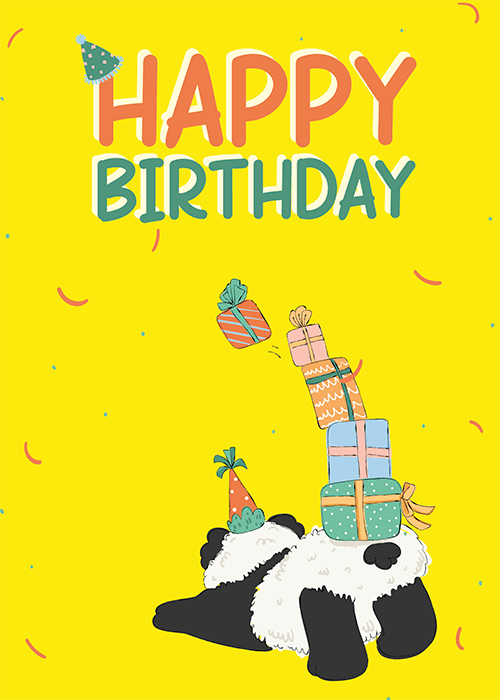 Cute panda wearing a party hat and holding a balloon on a cheerful birthday ecard
