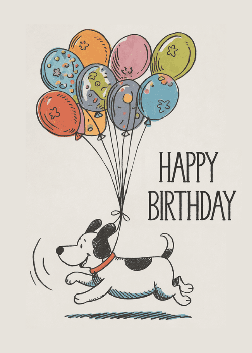 Birthday card with vintage pen-sketch illustration of a running dog trailing colorful balloons in classic line art style