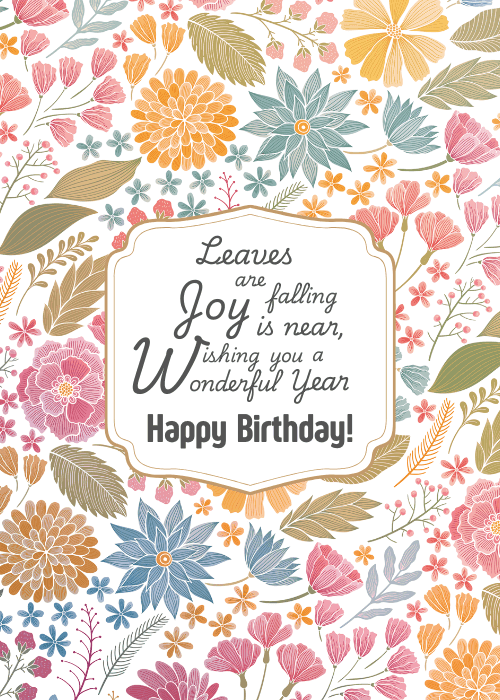 Fall themed birthday card with warm autumn botanical illustrations in orange and gold hues