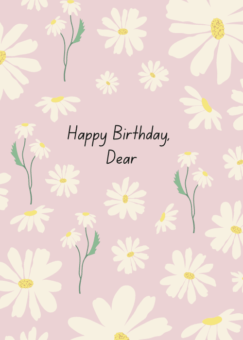 Happy birthday card with lush dense floral background of illustrated or watercolor blooms and greenery surrounding bold Happy Birthday text in a beautiful botanical composition