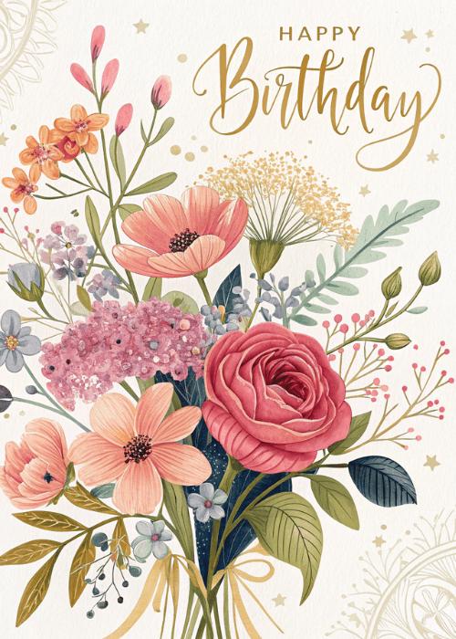 Birthday card with lush watercolor rose and peony bouquet in soft pinks with gold script birthday lettering