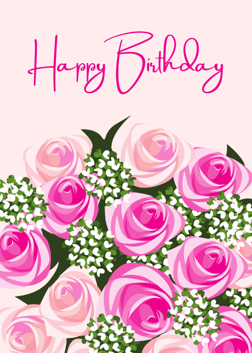 Birthday card with a large illustrated pink rose bouquet with baby's breath on a pale blush background and Happy Birthday in pink script