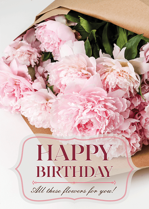 Birthday card with lush illustrated peony bouquet in soft pinks and greens on a clean white background