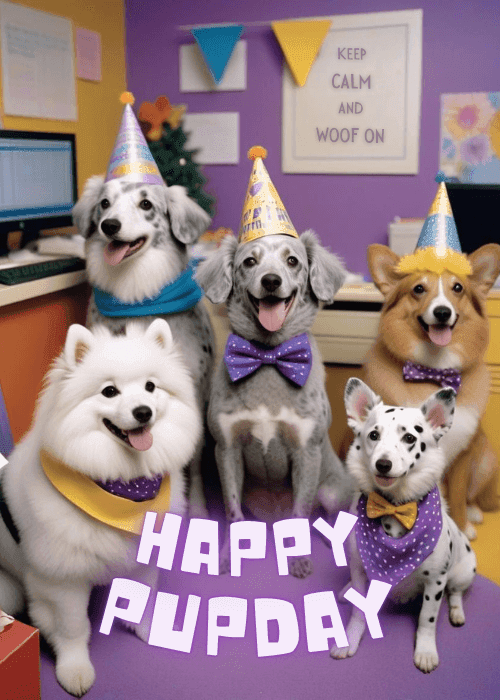 Purple office scene with five illustrated dogs wearing party hats and bold 'HAPPY PUPDAY' birthday text