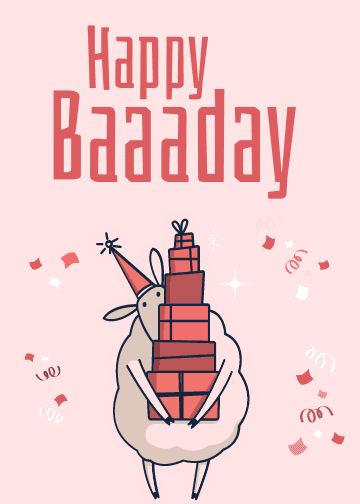 Hand-drawn sheep wearing a striped party hat holding a stack of wrapped gifts with confetti and Happy Baaaday text on a soft pink background