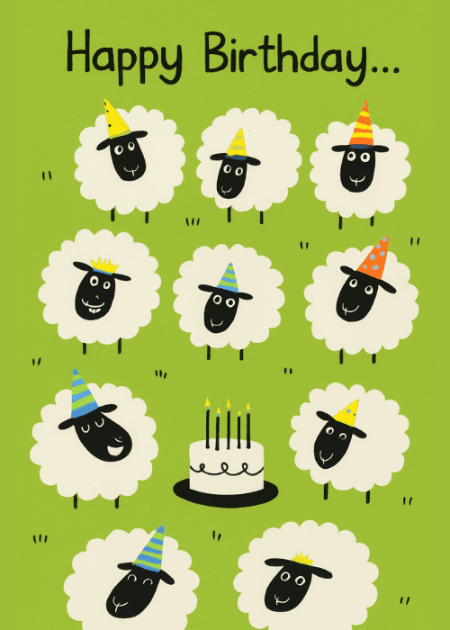 Cute cartoon sheep wearing colorful party hats arranged in a grid around a birthday cake with candles on a bright green background with Happy Birthday text