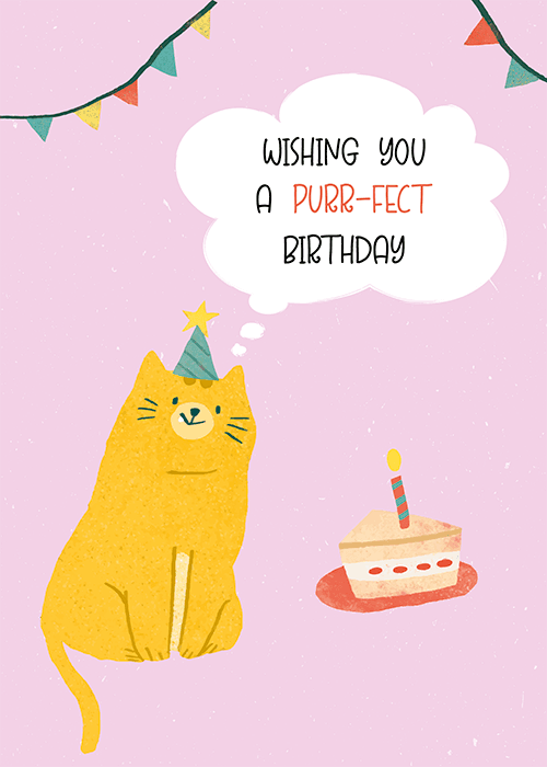 Funny birthday card with illustrated cartoon cat and Purr-fect Birthday pun text in playful lettering on a bright background