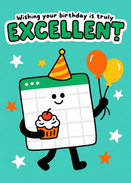 Cute cartoon calendar character wearing a party hat and holding a cupcake and balloons on a teal background with Wishing Your Birthday Is Truly Excellent text