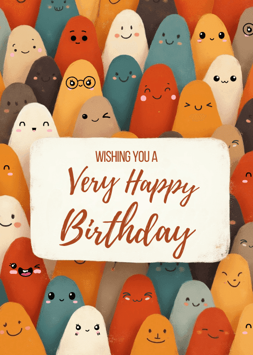 Birthday card with packed crowd of round illustrated blob characters in warm earth tones celebrating together