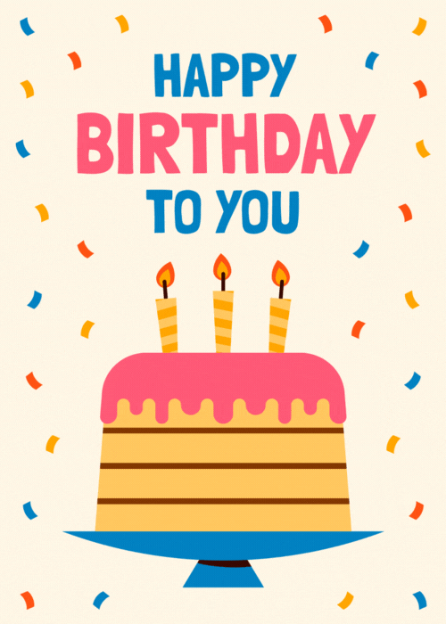 Illustrated layered birthday cake with pink dripping frosting and three lit striped candles on a blue pedestal plate, surrounded by colorful falling confetti in red blue orange and teal on a white background, bold block text reading Happy Birthday To You in dark blue orange and pink