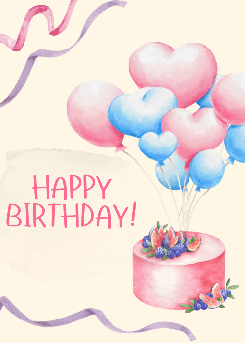 Happy birthday card with sweet illustrated pastel arrangement of colorful balloons and a layered birthday cake with candles in a cheerful festive birthday composition