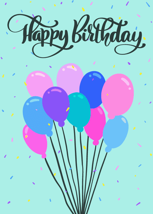 Birthday card with a mint green background featuring a large colorful bouquet of pink purple blue and teal balloons with multicolored confetti and calligraphy text reading Happy Birthday