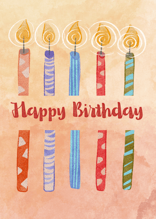Happy birthday card on warm peach watercolor background with two rows of five colorful patterned candles, the top five lit with golden flames, and red handwritten script reading Happy Birthday centered between the rows