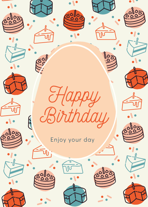 Happy birthday card with soft pastel illustrated birthday cakes in pinks and creams on a clean light background with joyful Happy Birthday text