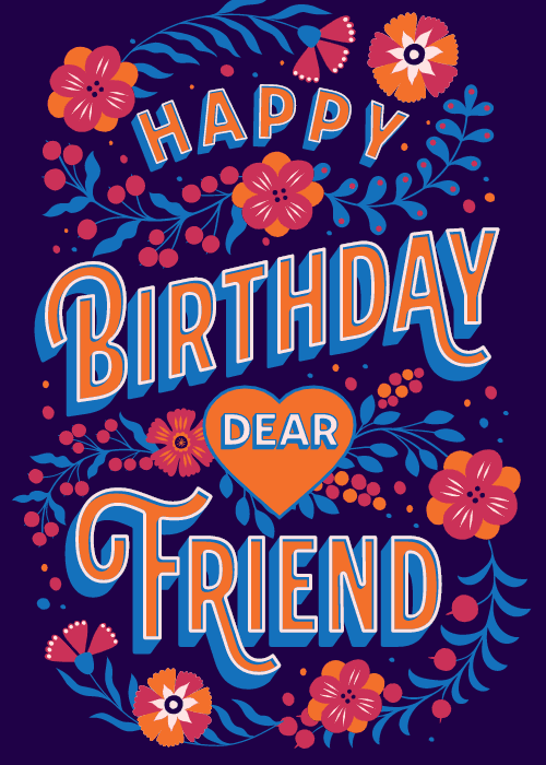 Happy birthday card with bold hand-lettered typographic design where Happy Birthday is rendered in expressive dynamic lettering in vivid colors on a clean background