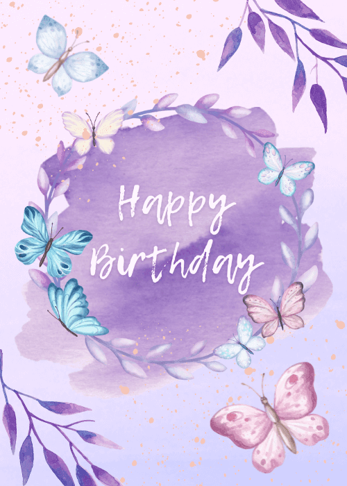 Happy birthday card with lush purple floral watercolor illustrated design featuring violet and lavender blooms and botanical elements with flowing Happy Birthday text