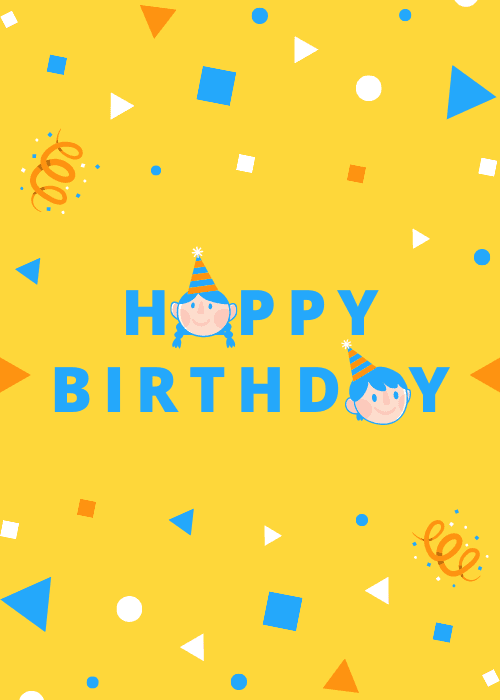Bold yellow birthday card with blue Happy Birthday block letters and scattered colorful geometric shapes including triangles squares and confetti