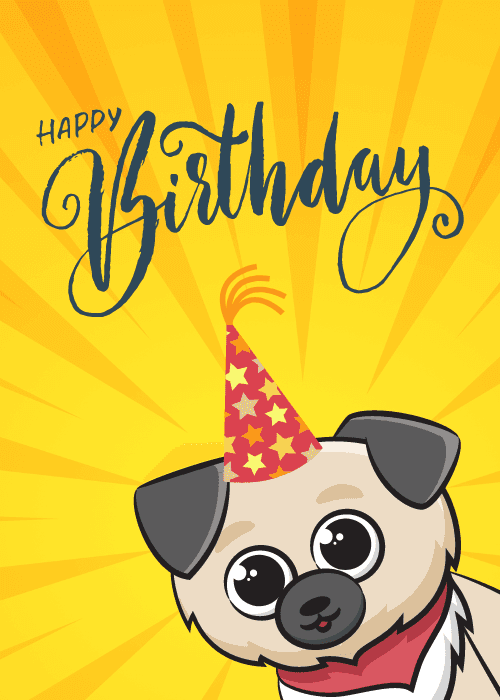 Happy birthday greeting card with a vivid yellow background featuring an illustrated cute puppy character wearing a party hat and delivering birthday wishes