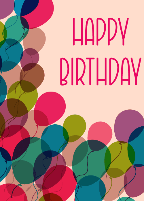 Happy birthday card with colorful illustrated balloons in multiple bright hues floating across the design in a festive lively birthday celebration composition