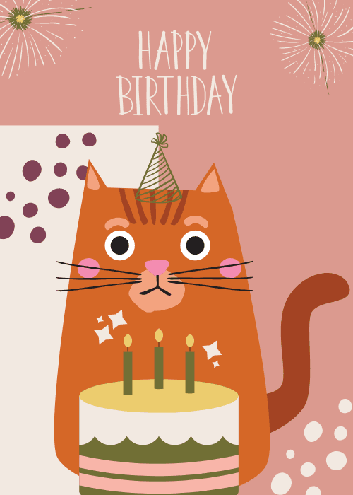Cute cat peeking from behind a birthday cake with funny text