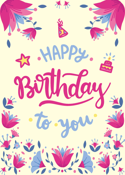 Cream birthday card with vibrant magenta and blue folk-art floral border and hand-lettered text reading Happy Birthday with party hat and cake illustrations