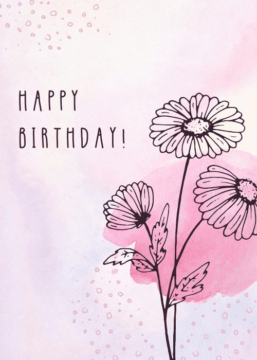Happy birthday group ecard with soft illustrated floral design featuring beautiful botanical blooms and greenery surrounding the Happy Birthday message in a lush natural composition