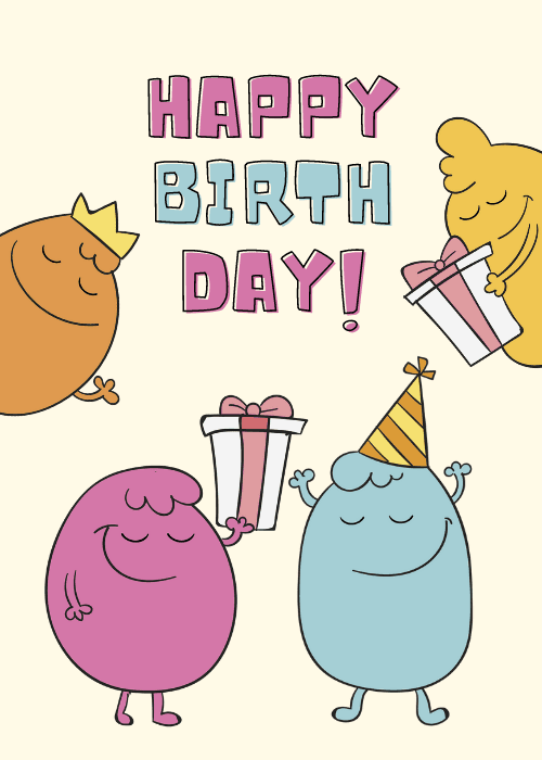 Happy birthday group ecard with a light background featuring funny illustrated cartoon characters with humorous expressions celebrating a birthday