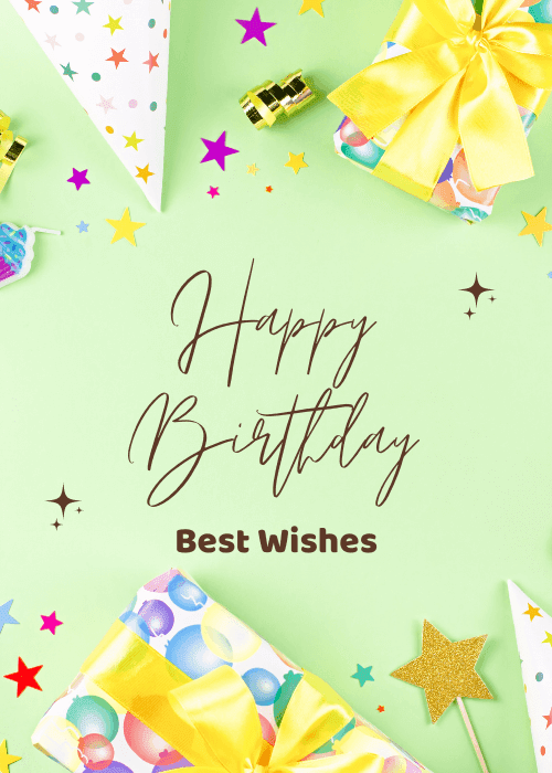 Birthday card with a mint green background surrounded by real gift boxes with yellow bows party hats and confetti stars with elegant script text reading Happy Birthday Best Wishes