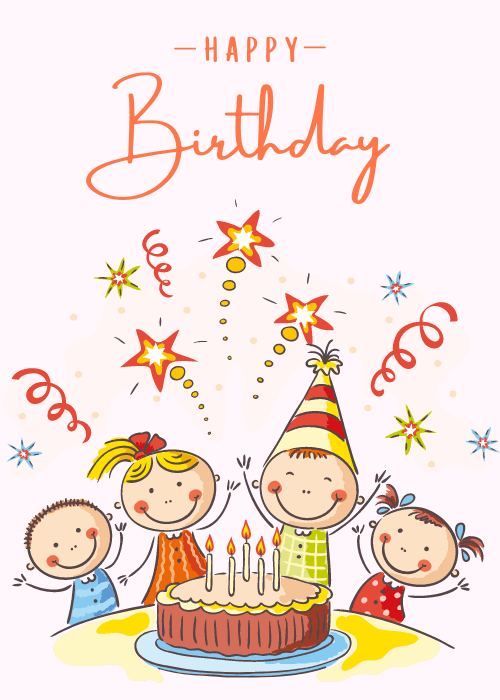 Illustrated birthday card showing four cartoon children around a birthday cake with candles stars and fireworks with Happy Birthday in orange script