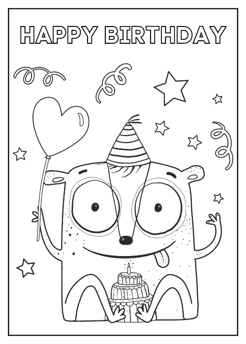 Happy birthday group ecard with adorable cute illustrated puppy in black and white style with playful birthday energy and charming Happy Birthday text