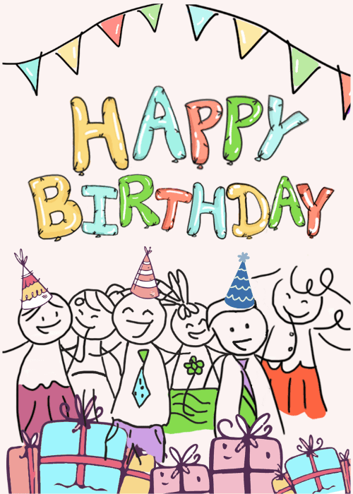 Birthday card with illustrated crowd of cheerful characters celebrating with confetti under a bold Happy Birthday banner